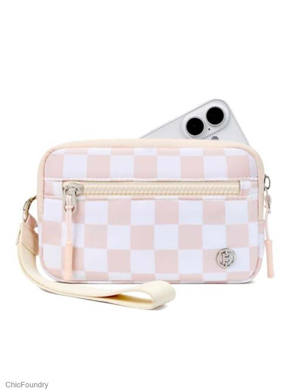 RFID Checkered Wristlet Wallet with ID Window, 3 Zippers, Nylon Wristlet Purse
